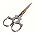 3.5 inch fine detail embroidery scissors.  Decorative old-world craftsmanship.  Sword handle design.  Matt chrome finish.  Precision hardened and tempered.